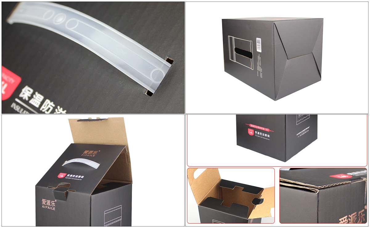 China-Hersteller, der gewellten abbaubaren schwarzen Karton-Versandverpackungskasten mit Plastikgriff für Pfannenkocher druckt (9)